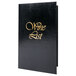 A black Menu Solutions wine list cover with gold text on it.