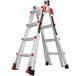 A Little Giant aluminum articulated extendable ladder with orange wheels.