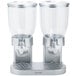A Zevro silver dry food dispenser with two clear canisters and silver lids.