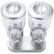 A silver Zevro double canister dry food dispenser with two clear lids.