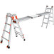 A Little Giant telescoping aluminum plank for ladders with two orange handles.