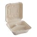 A white World Centric compostable fiber clamshell with three compartments.