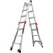 A Little Giant aluminum articulated extendable ladder with orange wheels and ratchet levelers.