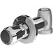 A Chicago Faucets chrome plated shower valve with a black and silver handle.