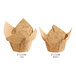 Two brown Baker's Mark unbleached natural kraft paper cupcake liners with measurements.