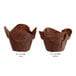 Two brown paper Baker's Mark chocolate brown medium rounded muffin wrappers.