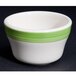 A white bowl with green stripes.