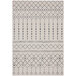 A close up of a cream and gray Moroccan trellis area rug with a geometric pattern.
