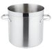 A close-up of a Vollrath stainless steel stock pot with handles.