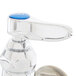 A T&S chrome wall mounted pot filler faucet with blue handle and button.