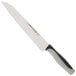 A Dexter-Russell Santoku chef knife with a black and white handle.