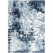 A blue and white contemporary area rug with a large abstract pattern.