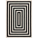 A white rectangular area rug with black lines in a square design.