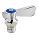 A chrome and blue Regency faucet with a blue and chrome handle.