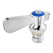 A chrome faucet with a blue and white ceramic cartridge and blue handle.
