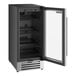 An AvaValley black refrigerator with full glass door open.