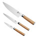 A Shun Classic 3-piece knife set with wooden handles.