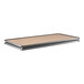 A rectangular black particleboard shelf with metal Z-beam supports.