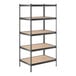 A Lavex boltless metal shelving unit with brown particleboard shelves.