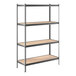 A black metal Lavex boltless shelving unit with brown shelves.