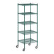 A green Regency wire shelving unit with casters.