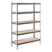 A black Lavex boltless metal shelving unit with brown particleboard shelves.