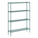 A green metal wire shelving unit with four shelves and 74" posts.