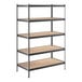 A Lavex black metal boltless shelving unit with brown particleboard shelves.