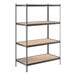 A Lavex black metal shelving unit with brown particleboard shelves.