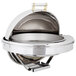 A silver stainless steel Vollrath New York Drop-In Round Retractable Dripless Chafer with brass trim.