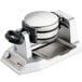 A Waring Double Belgian Waffle Maker on a counter with a top plate open.