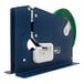 A blue and white Tach-It E-7R tape dispenser holding green tape.