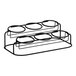 A black wire rack with round black rings holding Cal-Mil jars on a counter.