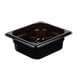 A black plastic Cambro food pan with a square top.