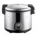 A silver stainless steel Galaxy rice cooker with a black lid.