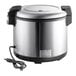 A silver and black stainless steel Galaxy 60 Cup Electric Rice Cooker with a cord.