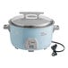 A blue and white Galaxy electric rice cooker.