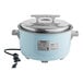 A blue Galaxy electric rice cooker with a lid and cord.