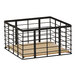 A black metal cage with a wood floor on top.
