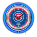 A Holland Bar Stool Chicago Cubs neon clock on a counter with blue neon light and a blue and red circle logo.