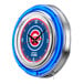 A white clock with a blue and red Chicago Cubs logo.