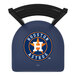 A blue bar stool with the Houston Astros logo on the padded seat and ladder back.