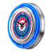 A white Holland Bar Stool clock with a blue and red Texas Rangers logo and numbers in neon.