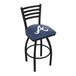 A black swivel bar stool with a blue seat and ladder back with a white Atlanta Braves logo.