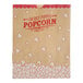 A brown Kraft paper bag with red and white text and popcorn.