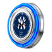 A white Holland Bar Stool clock with a blue and white New York Yankees logo in neon.