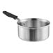A Vollrath stainless steel saucepan with a black handle.