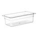 A Choice clear plastic food pan with a lid.