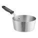 A silver Vollrath stainless steel sauce pan with a black handle.