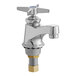 A Chicago Faucets deck-mounted single-hole chrome faucet with a silver metal handle.